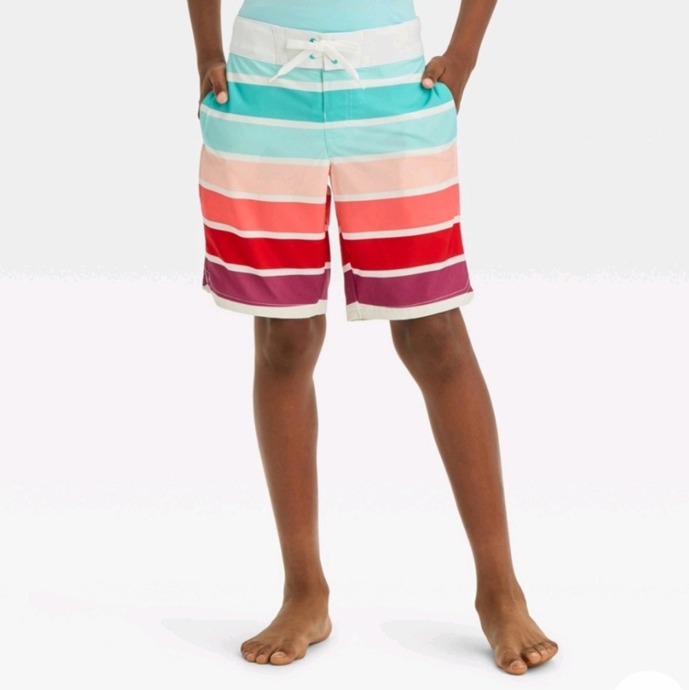 Boys' Striped Swim Shorts -art class Green/Red UPF50+, Adjustable Waistband 8
